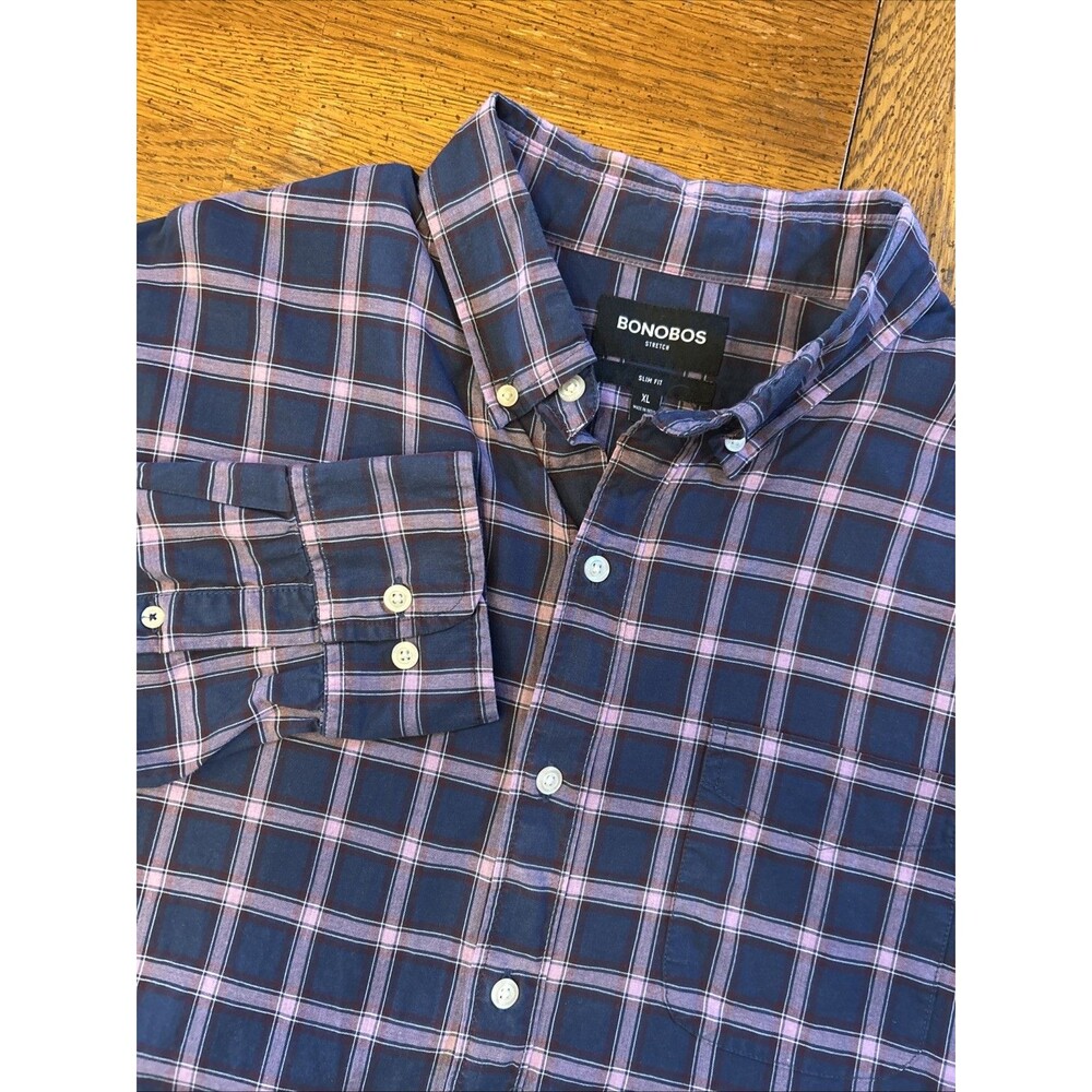 Bonobos XL Purple Check Button Down Shirt Slim Fit Stretch Lightweight Cotton